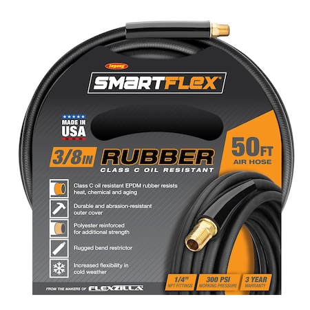 Smartflex Air Hose, 3/8in x 50ft, 1/4in MNPT Fittings, Black, Rubber HSFR3850BK2